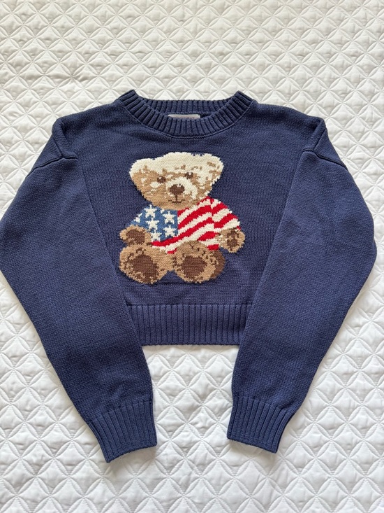 Grayson Threads Sweaters - Grayson Threads Navy Blue Crewneck Cropped Sweater Teddy Bear USA Flag Size M